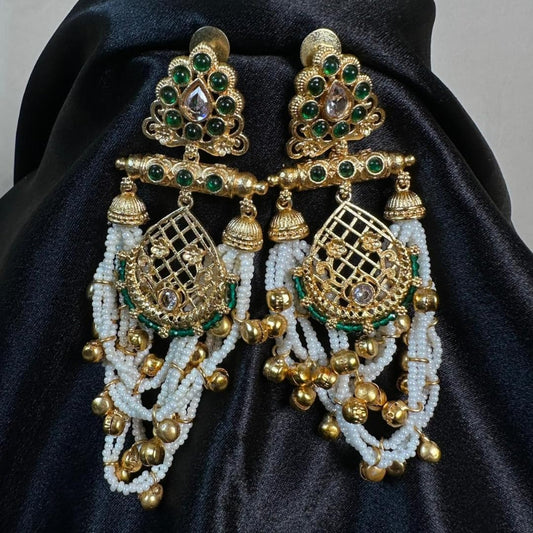 Kashmiri Gold Plated Chandbali Earrings with Mint Green Stones and Pearl Bunches