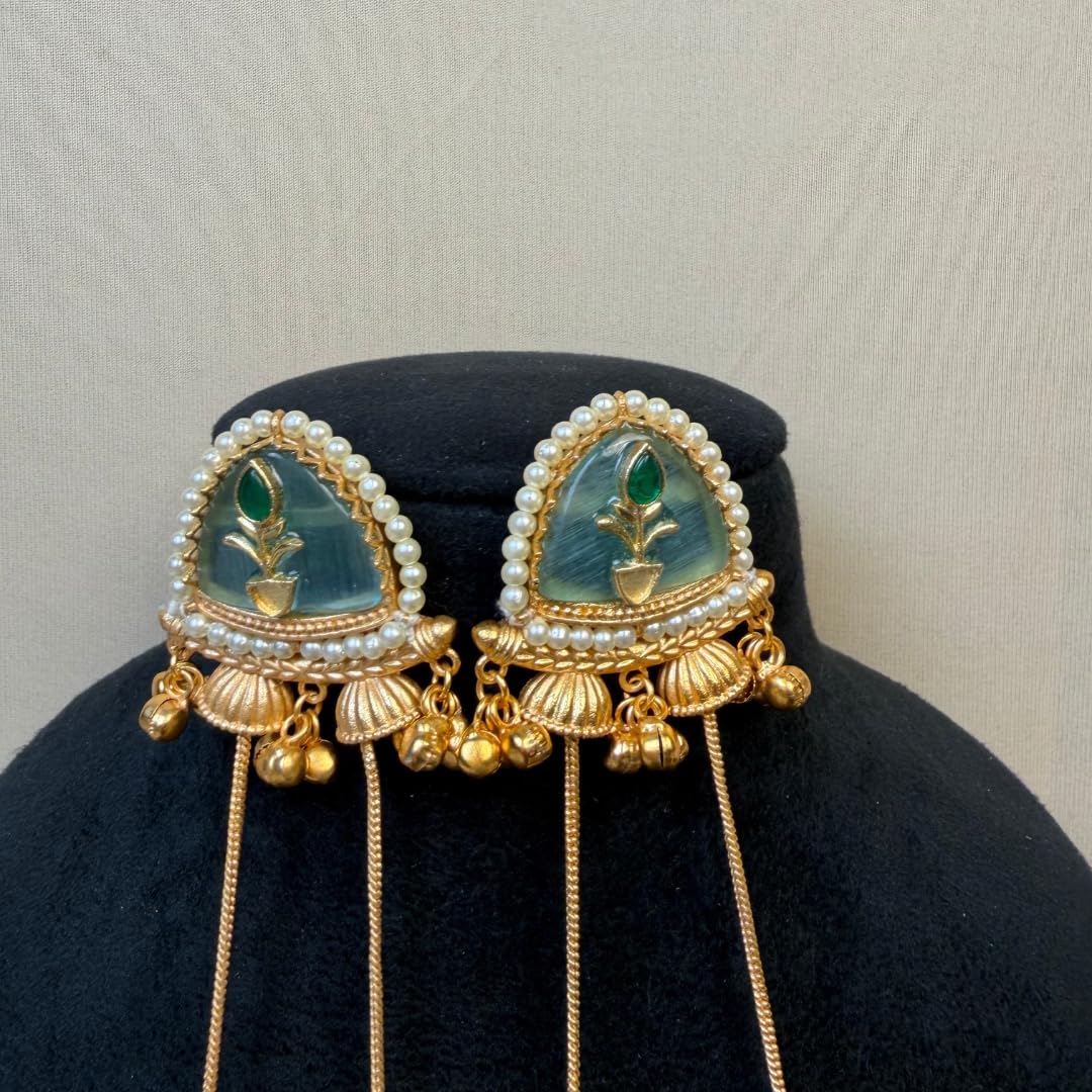 Gold Plated Kashmiri Jhumka Earrings with Blue Stone Stud & Pearl Border