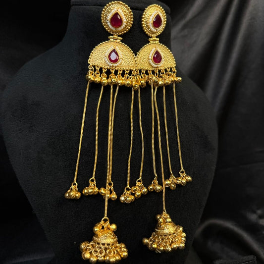 Gold Tone Kashmiri Chandbali Jhumka Earrings with Red Teardrop Stone & Pearl Border