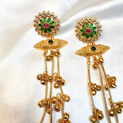 Kashmiri Gold-Plated Long Chain Jhumka Earrings with Dense Ghungroo Clusters