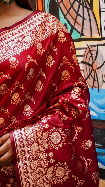 Deep Cherry Red Banarasi Silk Saree with Classic Gold Zari
