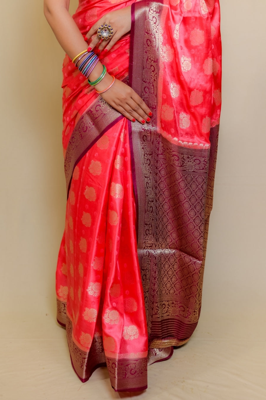 Luxurious Red/Rani Pink Banarasi Katan Satin Mashru Silk Saree with Contrast
