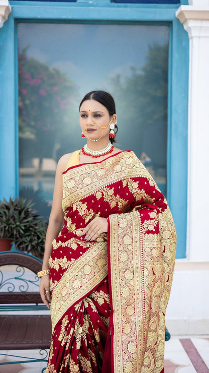 Sindoor Saaj Banarasi Silk Saree in Bridal Red with Antique Gold Zari