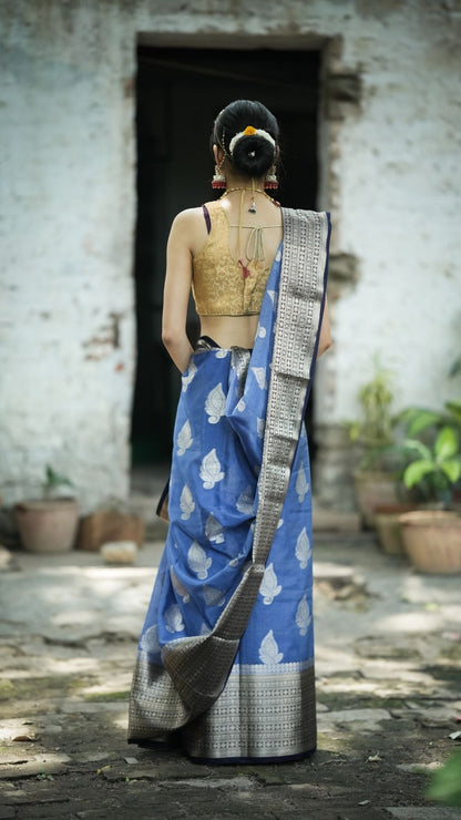 Georgette Dyble Fabric Saree – Royal Blue with Silver Zari Scuet Border