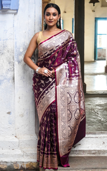 Mulberry Wine Banarasi Silk Saree with Antique Zari Work