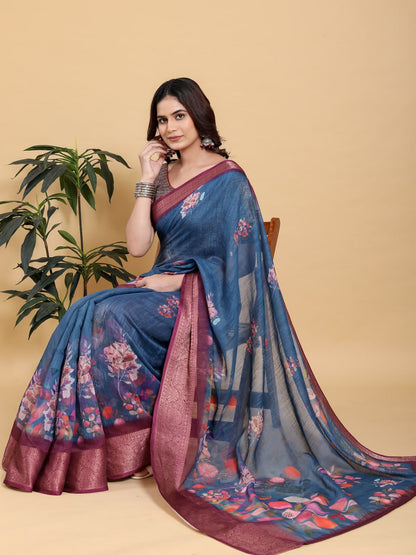 Elegant Teal Blue Floral Print Saree with Maroon Zari Border