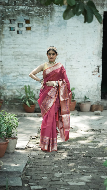 Cotton Jamdani Plain Saree – Rani Pink with Multicolor Meenakari Pallu