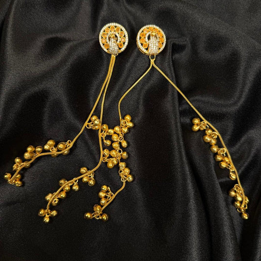 Gold-Tone Peacock Earrings with Long Chain Tassels