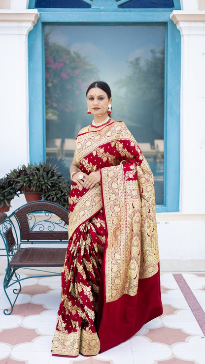Sindoor Saaj Banarasi Silk Saree in Bridal Red with Antique Gold Zari