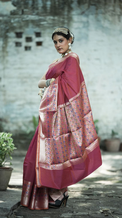 Cotton Jamdani Plain Saree – Rani Pink with Multicolor Meenakari Pallu