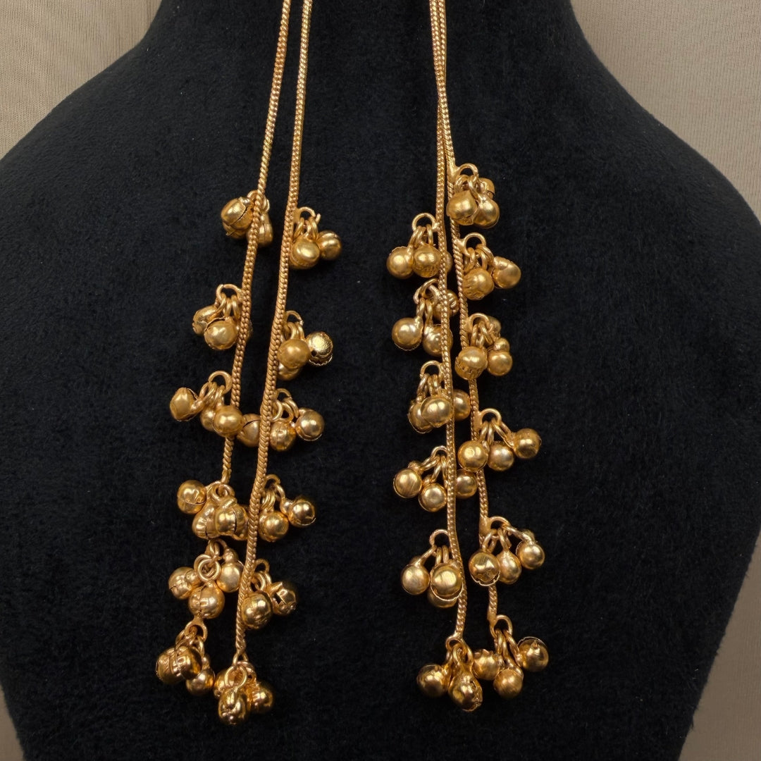 Gold Tone Peacock Design Long Chain Earrings with Dangling Bells