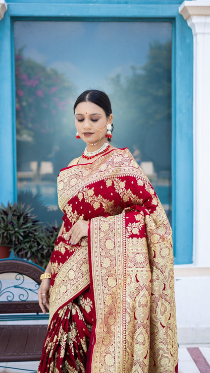 Sindoor Saaj Banarasi Silk Saree in Bridal Red with Antique Gold Zari