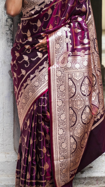 Mulberry Wine Banarasi Silk Saree with Antique Zari Work