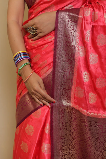 Luxurious Red/Rani Pink Banarasi Katan Satin Mashru Silk Saree with Contrast