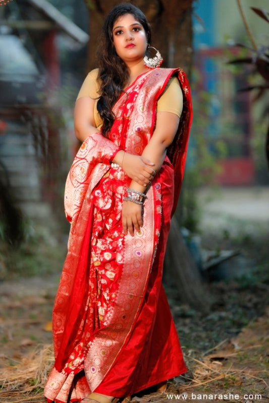 Red with Jaal Work Handloom Katan Pure Silk Saree