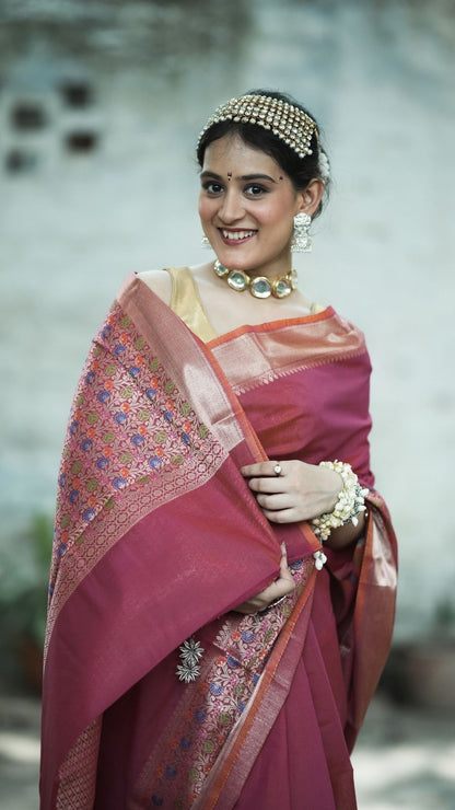 Cotton Jamdani Plain Saree – Rani Pink with Multicolor Meenakari Pallu