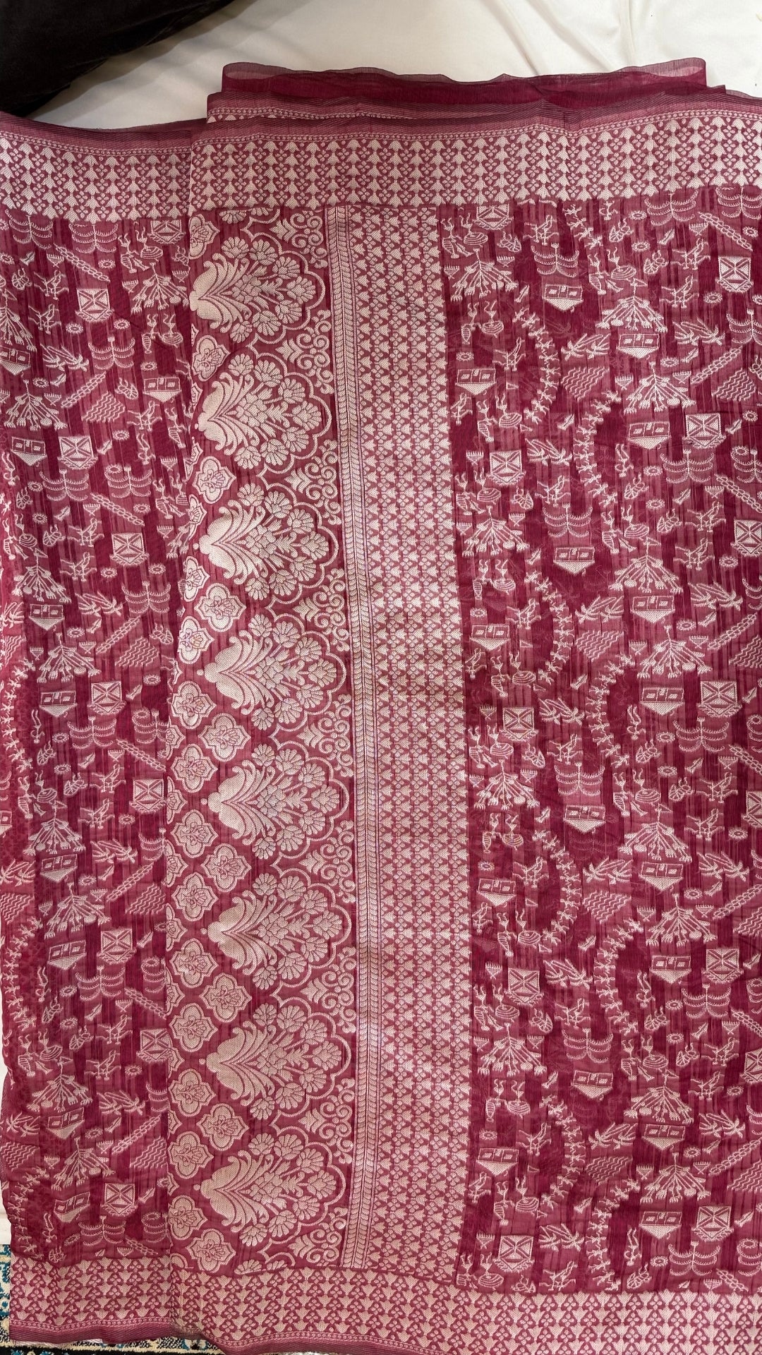 Banarashe Pure Georgette Banarasi Saree in Maroon with Village Scene Weave