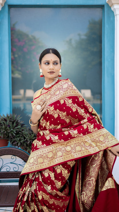 Sindoor Saaj Banarasi Silk Saree in Bridal Red with Antique Gold Zari