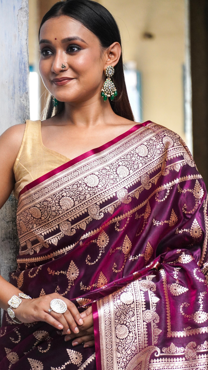 Mulberry Wine Banarasi Silk Saree with Antique Zari Work