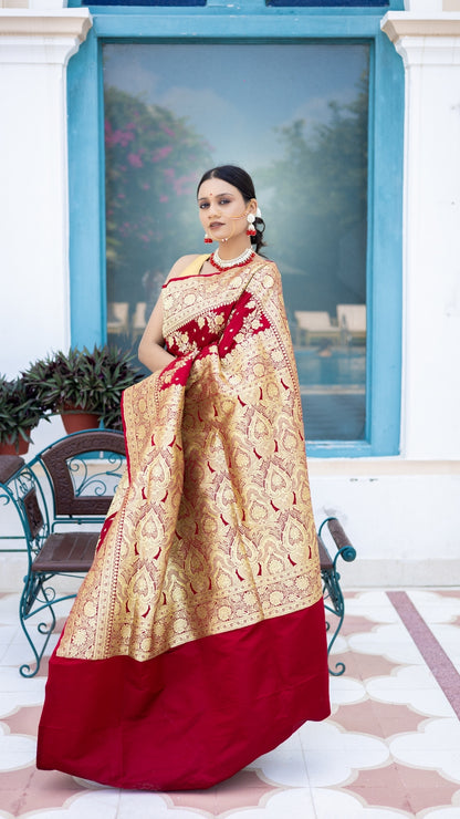 Sindoor Saaj Banarasi Silk Saree in Bridal Red with Antique Gold Zari