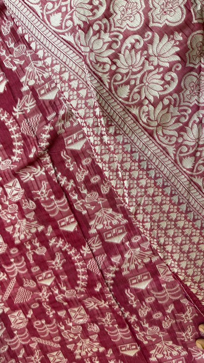 Banarashe Pure Georgette Banarasi Saree in Maroon with Village Scene Weave