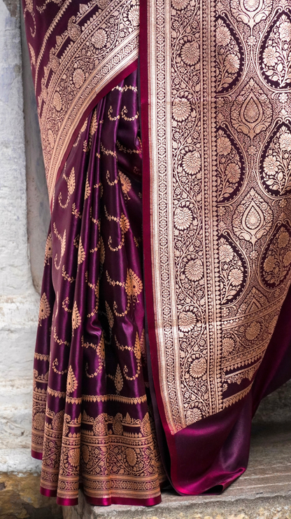 Mulberry Wine Banarasi Silk Saree with Antique Zari Work