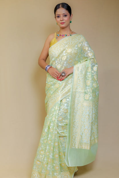Pastel Pistachio Green Pure Handloom Banarasi Kataan Jamdani Saree