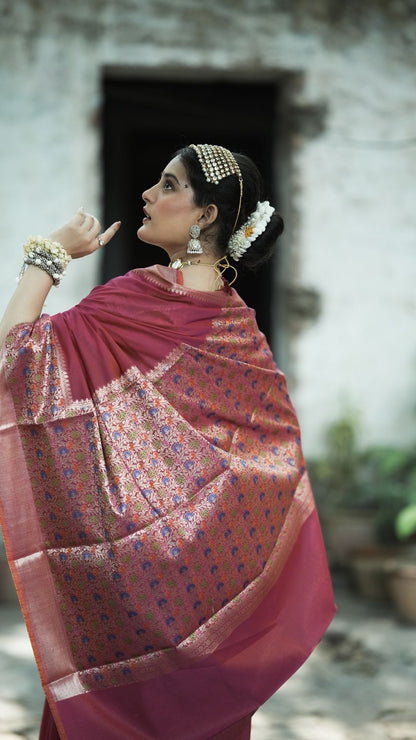 Cotton Jamdani Plain Saree – Rani Pink with Multicolor Meenakari Pallu