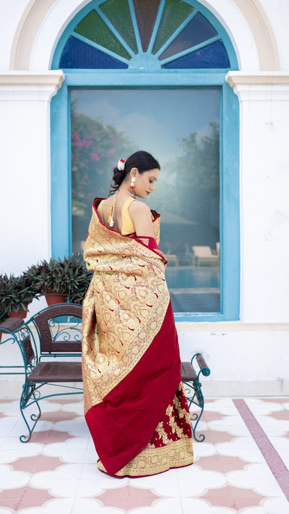 Sindoor Saaj Banarasi Silk Saree in Bridal Red with Antique Gold Zari