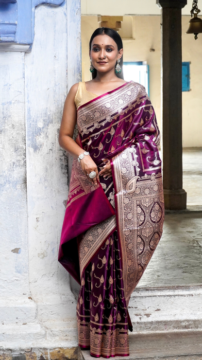 Mulberry Wine Banarasi Silk Saree with Antique Zari Work