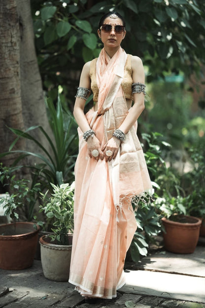 Nilen Cotton Tussar Zari Booti Saree – Soft Peach Elegance