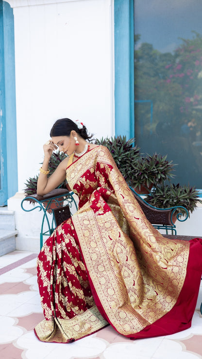 Sindoor Saaj Banarasi Silk Saree in Bridal Red with Antique Gold Zari