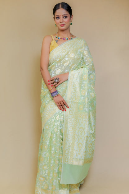 Pastel Pistachio Green Pure Handloom Banarasi Kataan Jamdani Saree