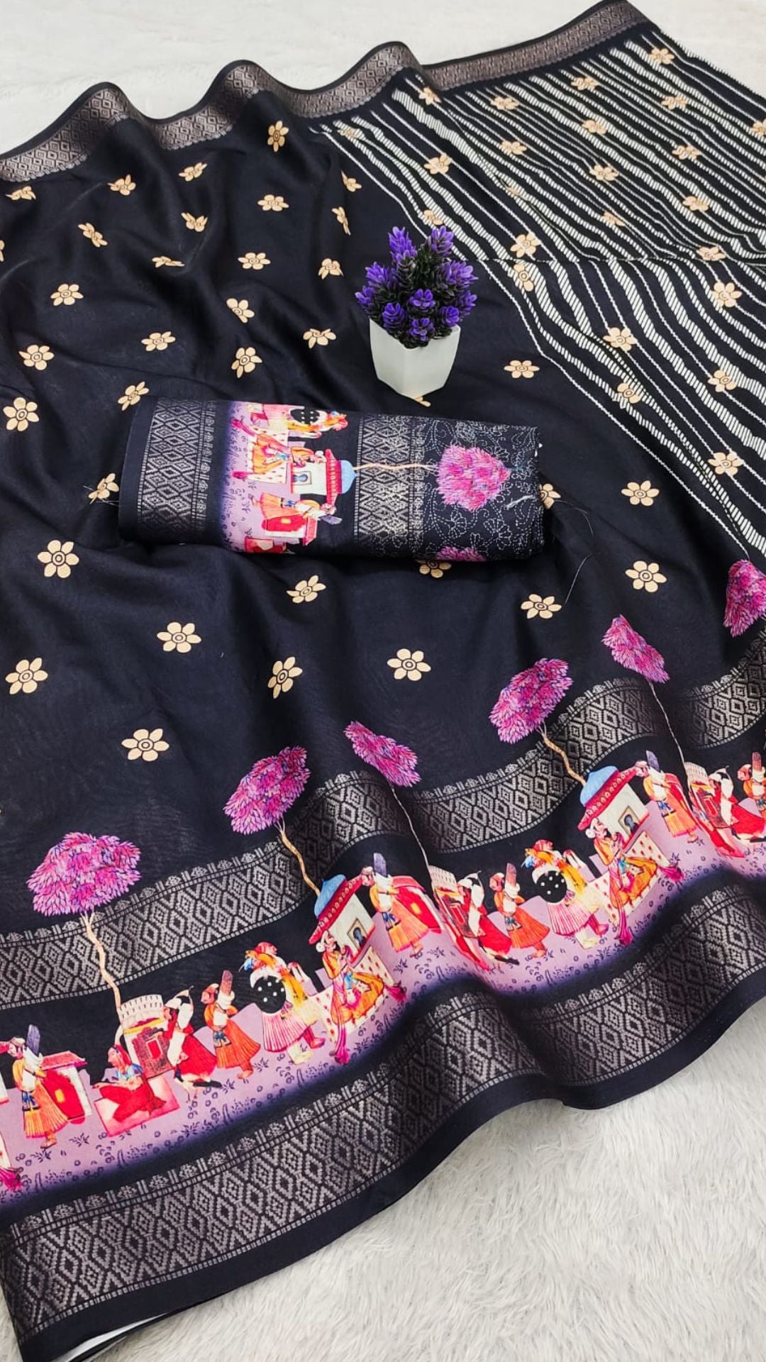 Dola Silk Saree with Colorful Butti Design & Bentex Border