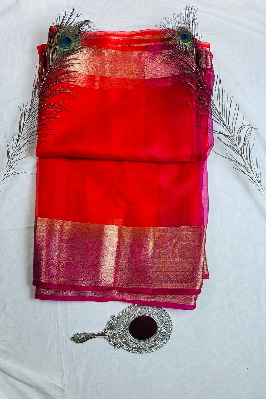 Crimson Red Organza Silk Saree with Rani Pink & Antique Gold Zari Border
