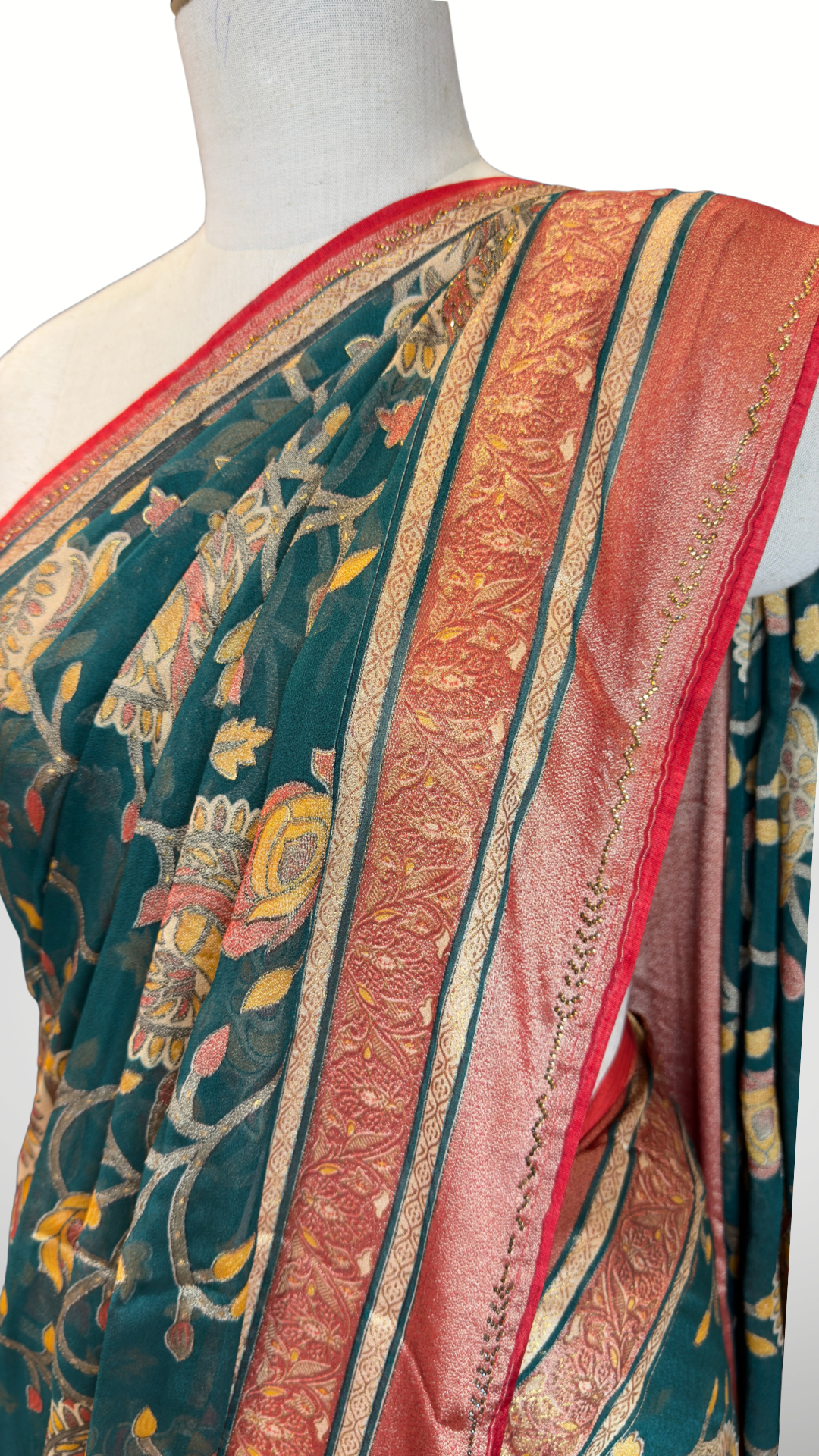 Banarashe Teal Green Floral Printed Georgette Saree with Peach & Gold Traditional Border