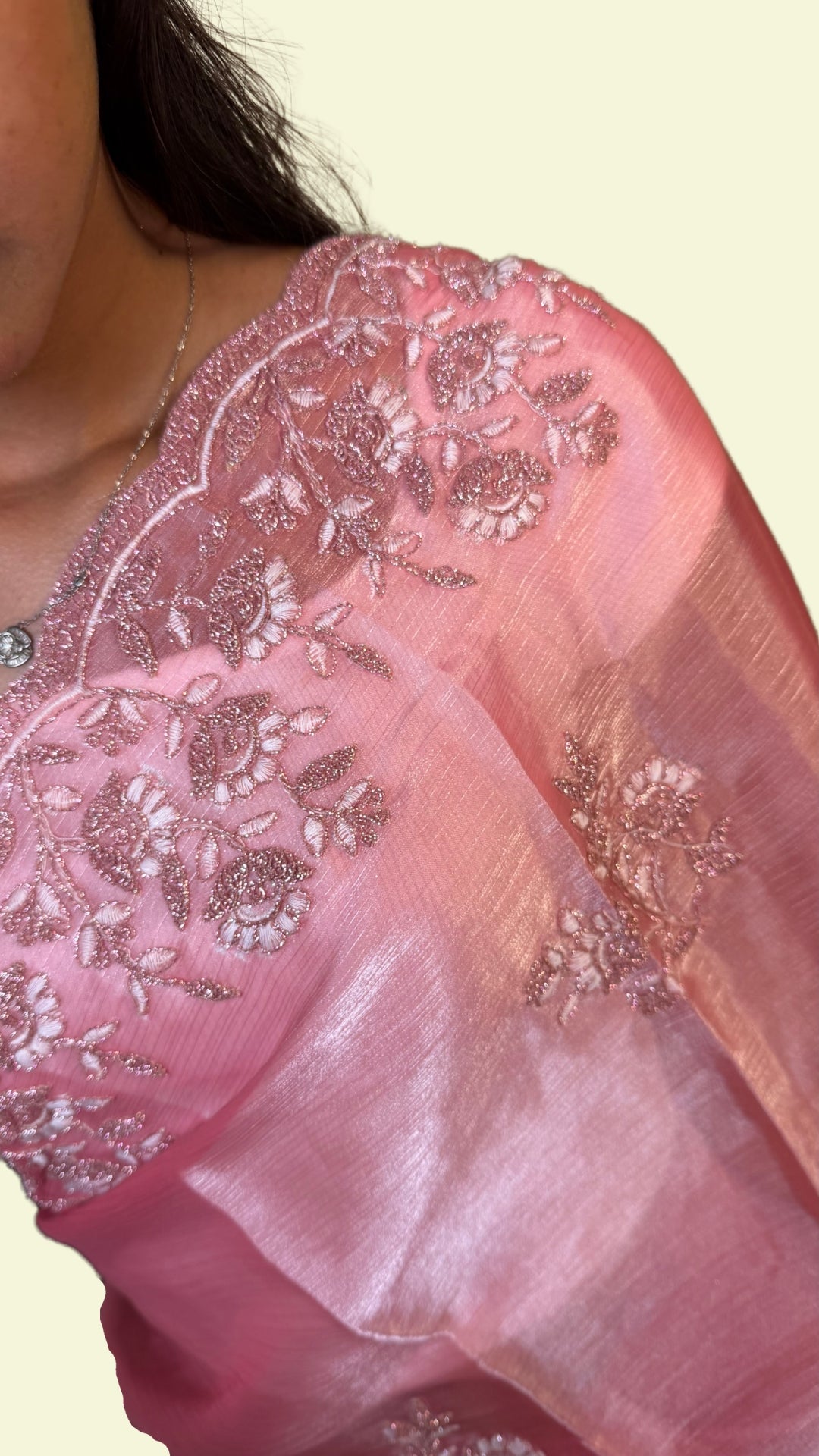 Rose Pink Floral Embroidered Crape Silk Saree