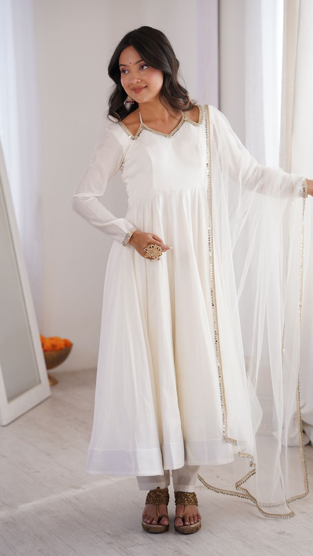 Off White Roman Silk Chanderi Anarkali Suit Set for Women