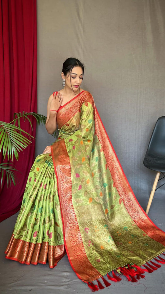 Green Organza Tissue Silk Saree with Contrast Red Zari Border & Rich Weaving Pallu