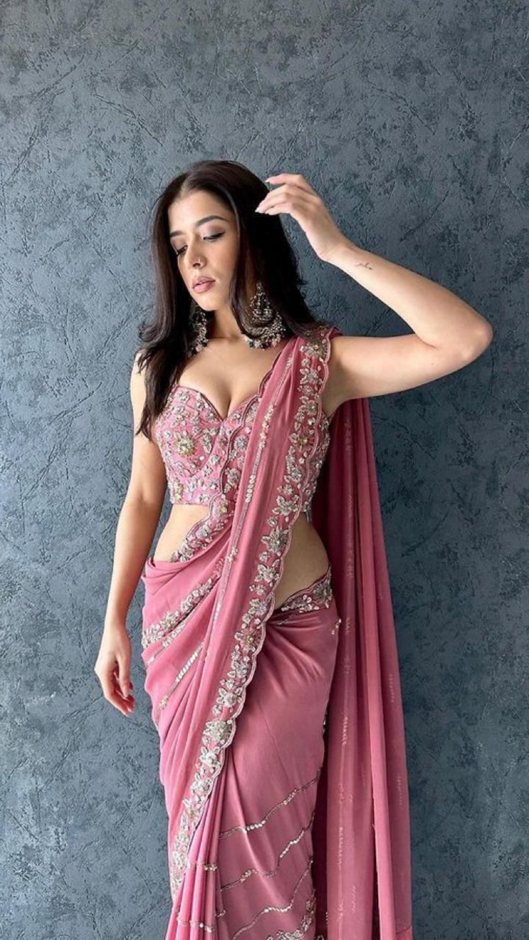 Pink Georgette C-Pallu Saree with Cut-Work