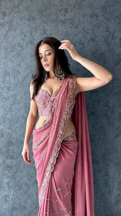 Pink Georgette C-Pallu Saree with Cut-Work