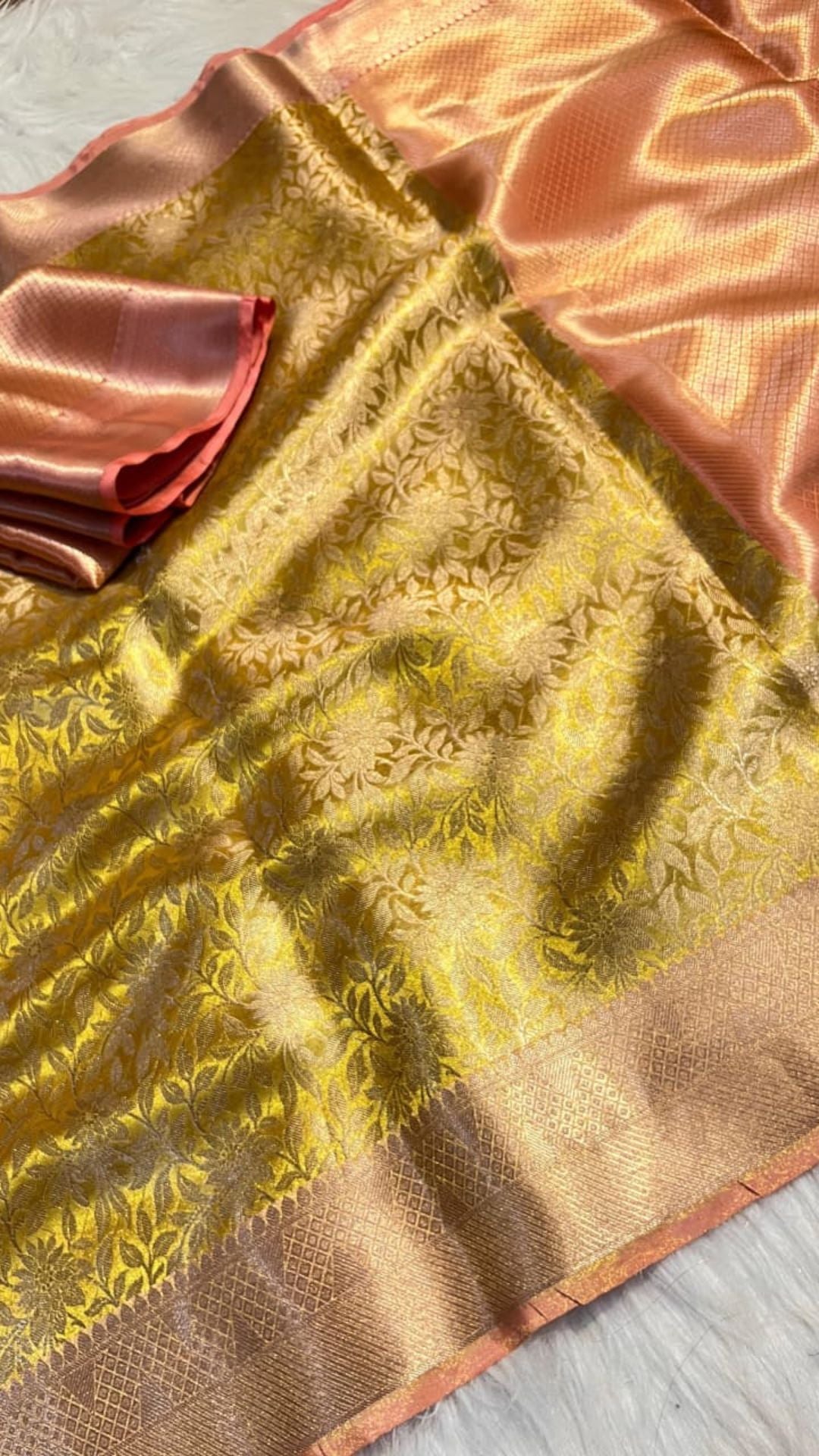 Premium Gold Banarasi Tissue Saree with Contrast Zari Tanchui Weaving & Brocade Blouse