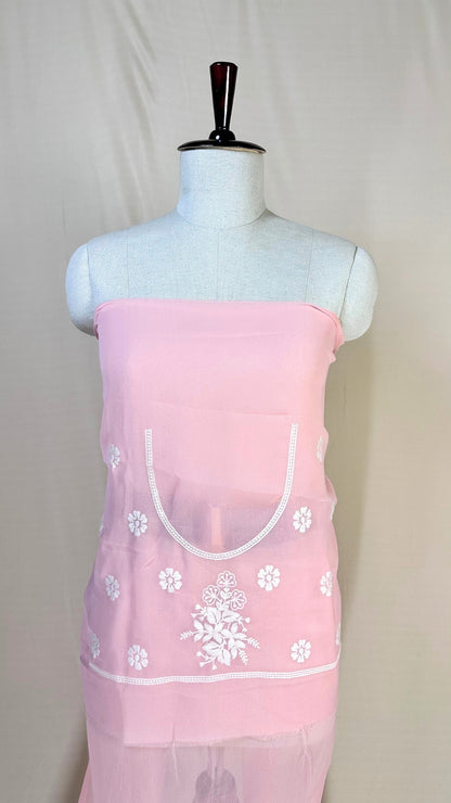 Elegant pink chikankari Saree with White Floral Embroidery