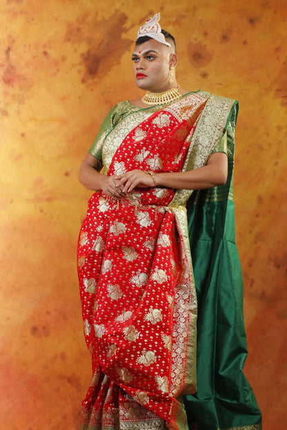 Red and Green all Jaal Zari Art Work Handloom Katan Pure Silk Saree