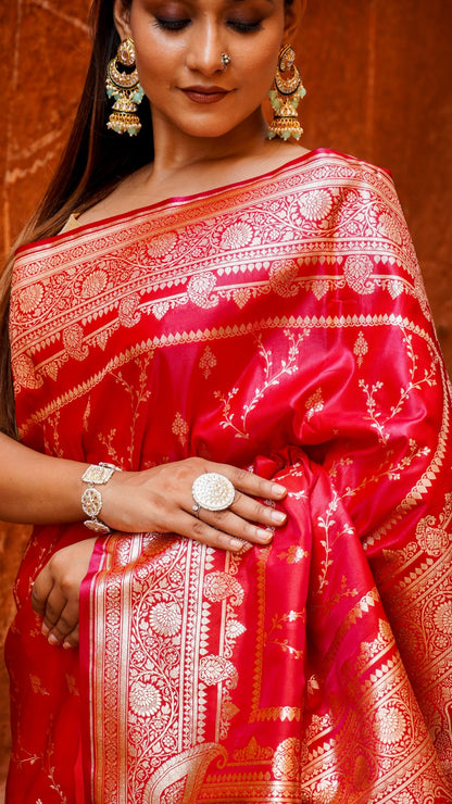 Pure Banarasi Red Flame Katan Silk Saree