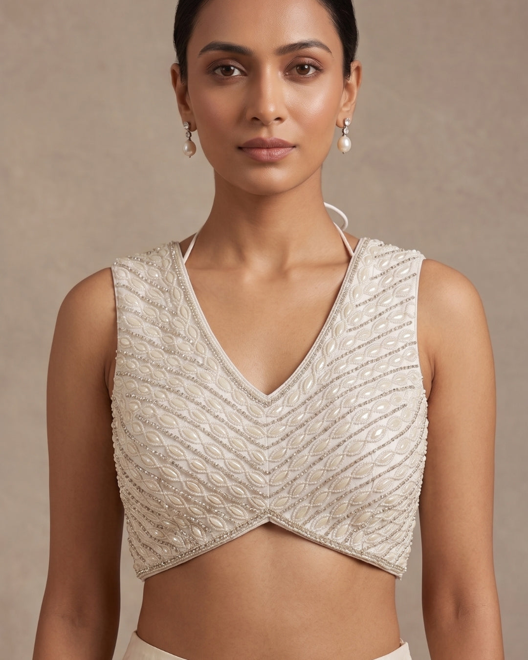 Pearl Chevron V-Neck Blouse in Ivory