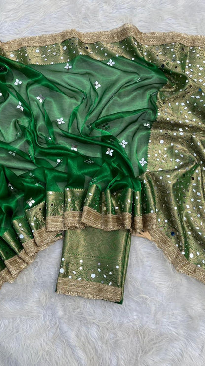 Mehandi Green Tissue Saree with Heavy Mirror Work