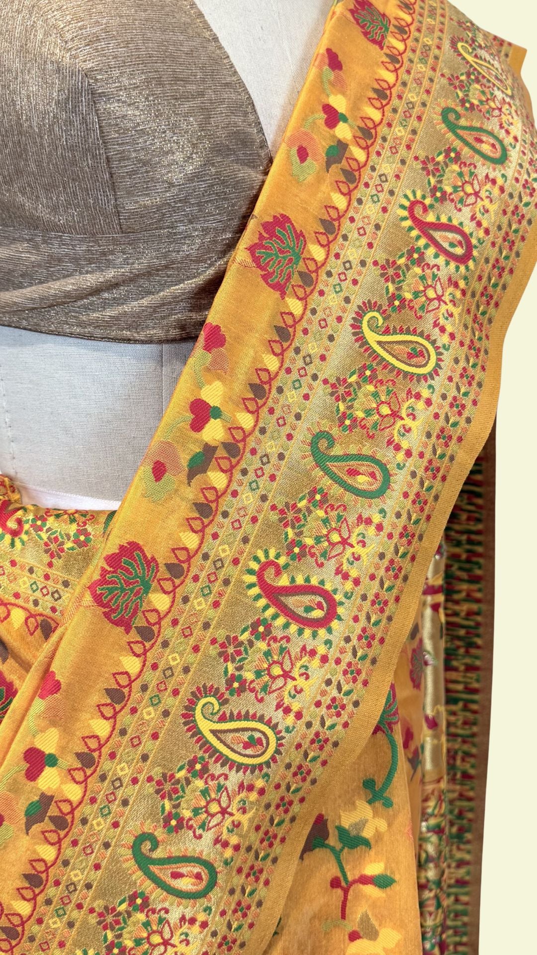 Mustard Banarasi Cotton Saree with Meenakari Weaving