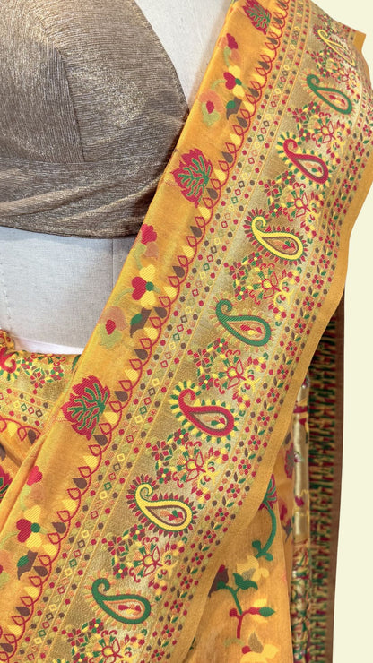 Mustard Banarasi Cotton Saree with Meenakari Weaving