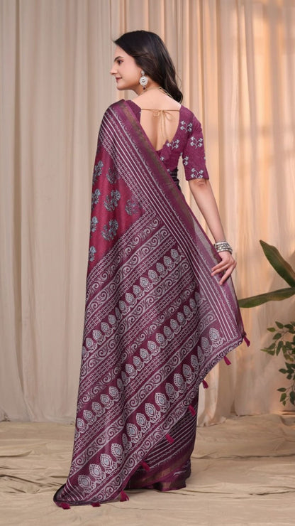 Elegant Wine Mal Cotton Saree with Designer Blouse Piece